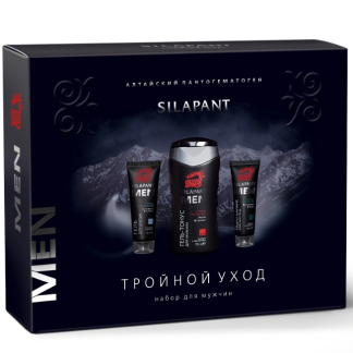 Silapant Подарочный набор для мужчин "Тройной уход" (Шампунь и гель для тела "Гель-тонус" с пантогематогеном 150 мл, Гель для бритья для мужчин с пантогематогеном 75 мл, Крем для лица "Гидро-баланс" для мужчин 50 мл.) Две Линии